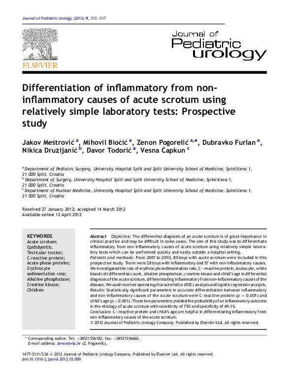 Differentiation of inflammatory from non-inflammatory causes of acute scrotum using relatively simple laboratory tests: Prospective study