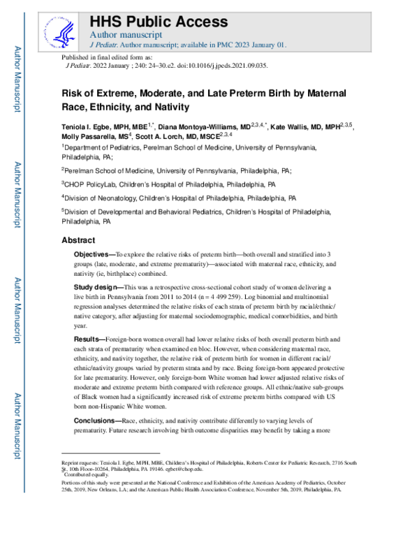 (PDF) Risk of Extreme, Moderate, and Late Preterm Birth by Maternal ...