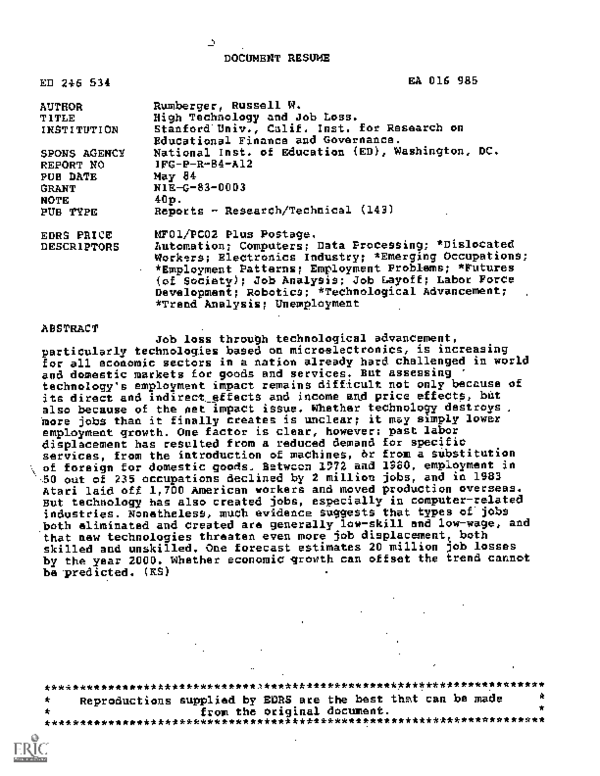 Pdf High Technology And Job Loss