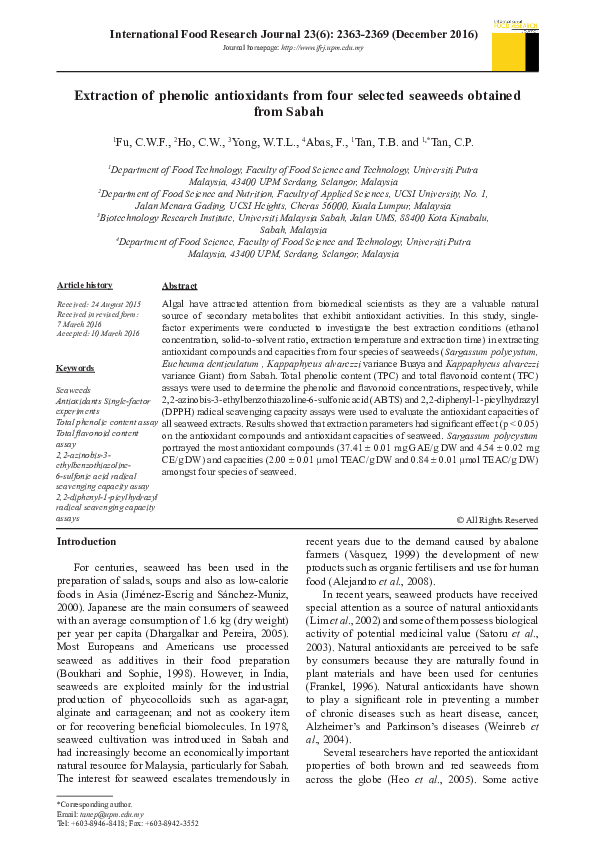 (PDF) Extraction of phenolic antioxidants from four selected seaweeds ...