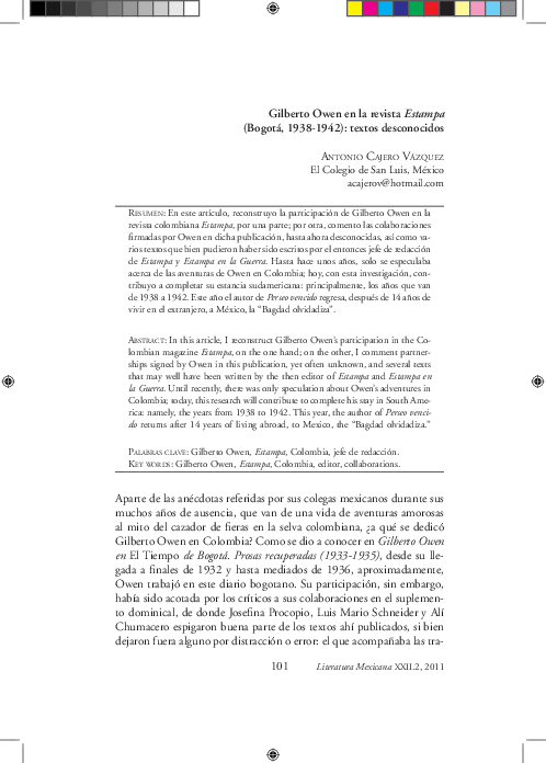 Gilberto Owen en la revista Estampa (Bogotá, 1938-1942): textos desconocidos