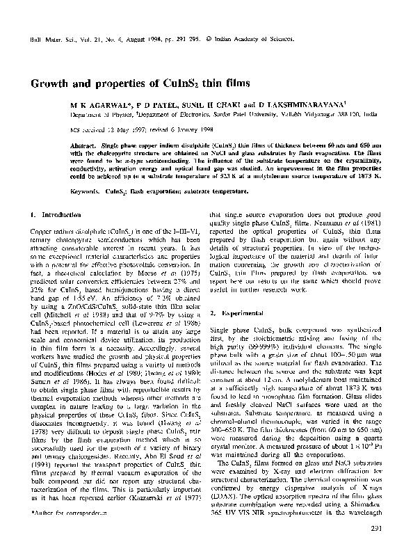 (PDF) Growth and properties of CuInS2 thin films