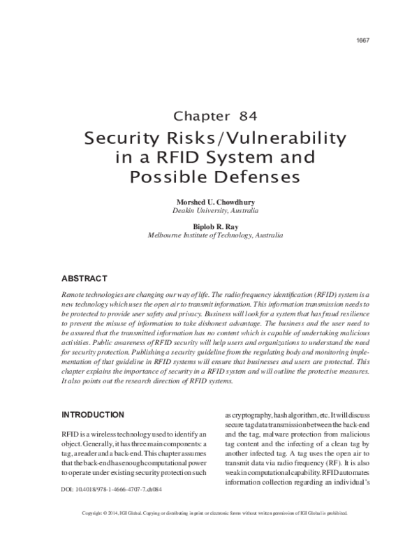(PDF) Security Risks/Vulnerability in a RFID System and Possible Defenses