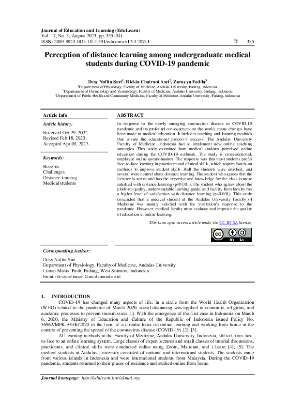 (PDF) Perception of distance learning among undergraduate medical ...