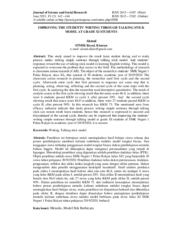 (PDF) Improving the Students’ Writing Through Talking Stick Model at ...
