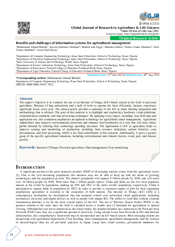 (PDF) Benefits and challenges of information systems for agricultural ...