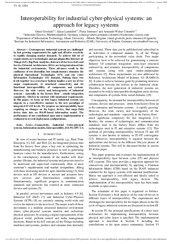 (PDF) Interoperability for Industrial Cyber-Physical Systems: An ...
