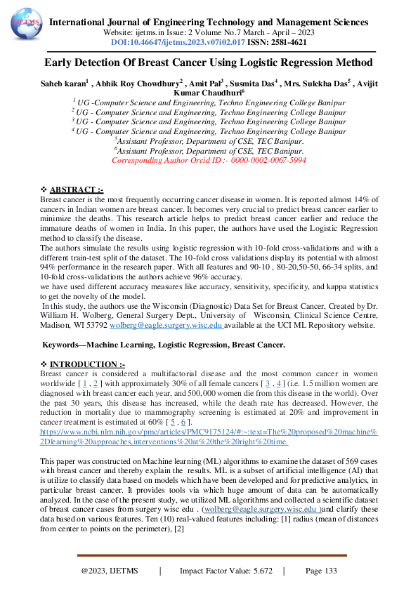 (PDF) Early Detection Of Breast Cancer Using Logistic Regression Method