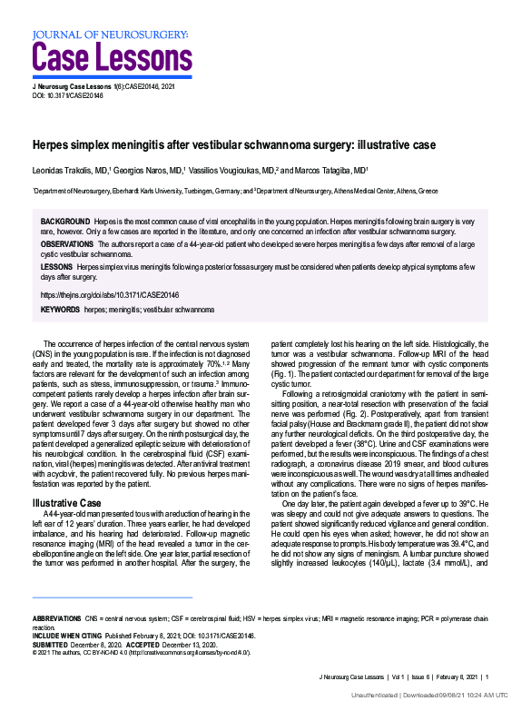 (PDF) Herpes simplex meningitis after vestibular schwannoma surgery ...
