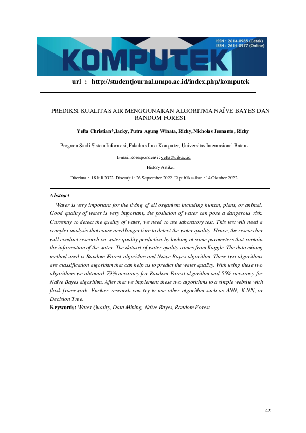 (PDF) Prediksi Kualitas Air Menggunakan Algoritma Naïve Bayes Dan ...