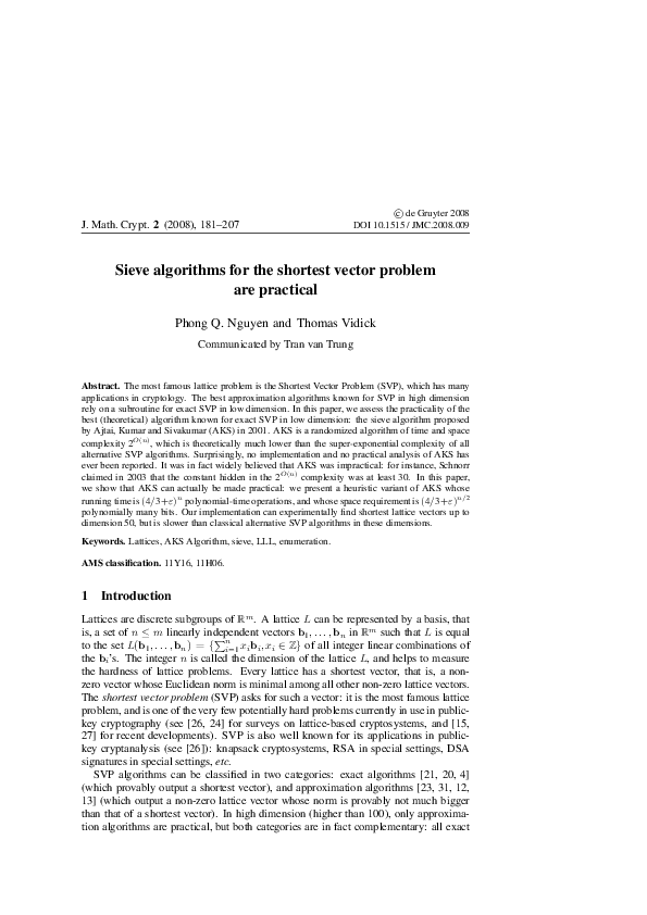 (PDF) Sieve algorithms for the shortest vector problem are practical