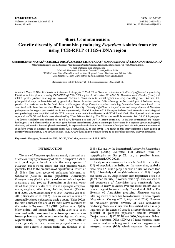 (PDF) Short Communication: Genetic diversity of fumonisin producing ...
