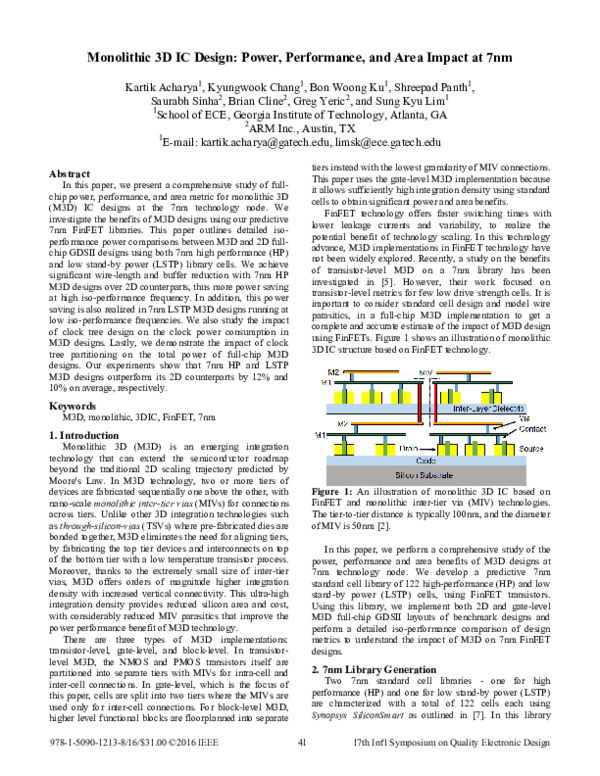 (PDF) Monolithic 3D IC design: Power, performance, and area impact at 7nm