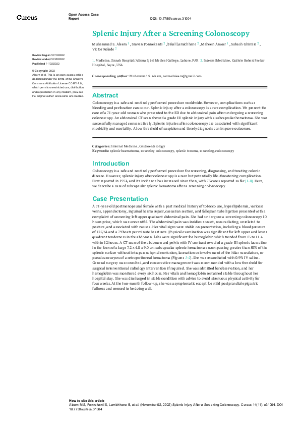 (PDF) Splenic Injury After a Screening Colonoscopy