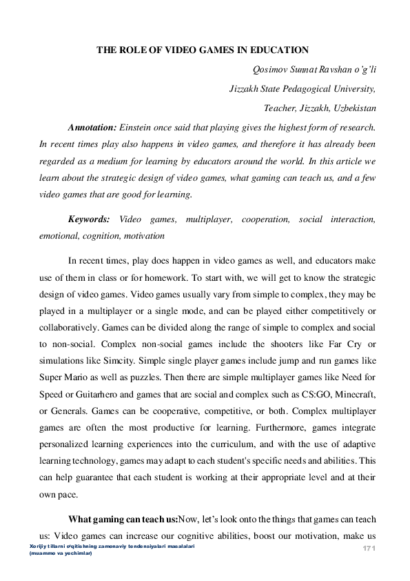 (PDF) THE ROLE OF VIDEO GAMES IN EDUCATION