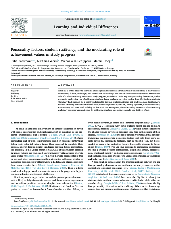 (PDF) Personality factors, student resiliency, and the moderating role ...