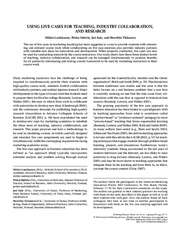 (PDF) Using Live Cases for Teaching, Industry Collaboration, and Research