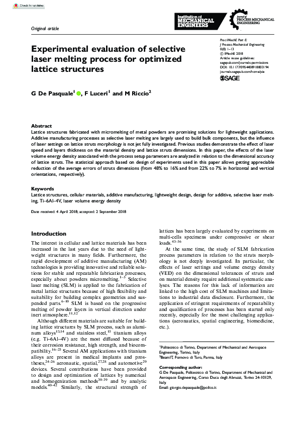 (PDF) Experimental evaluation of selective laser melting process for ...