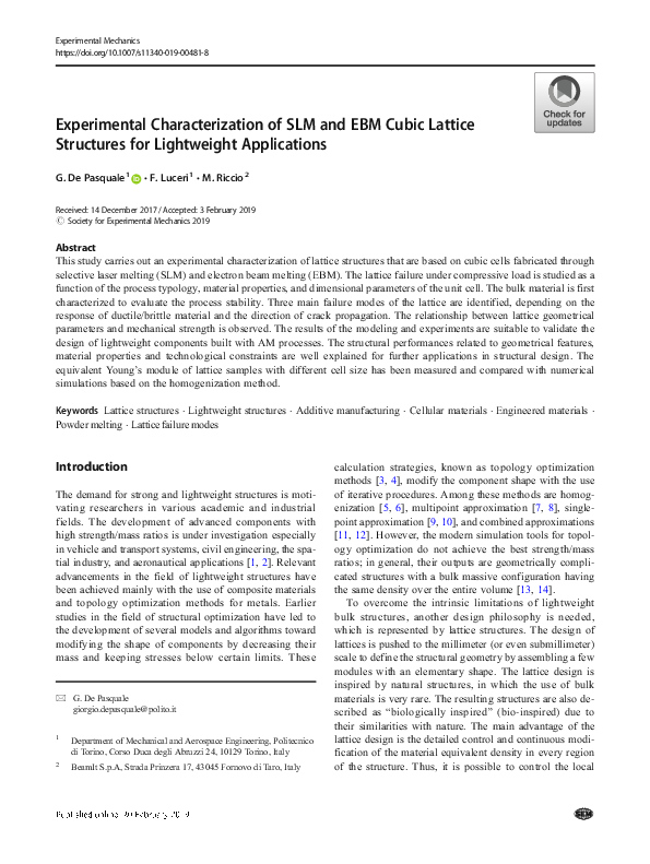 (PDF) Experimental Characterization of SLM and EBM Cubic Lattice ...