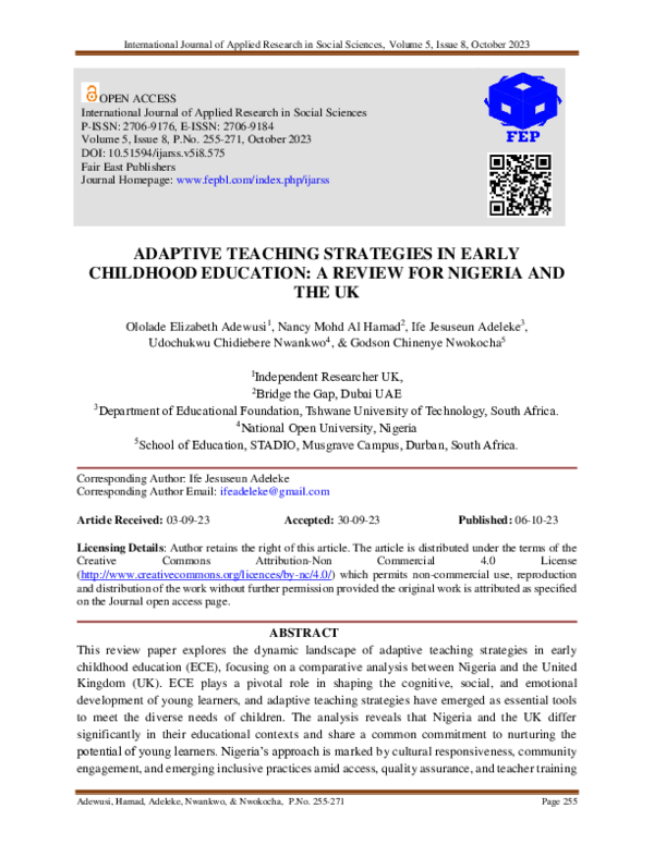 (PDF) ADAPTIVE TEACHING STRATEGIES IN EARLY CHILDHOOD EDUCATION A