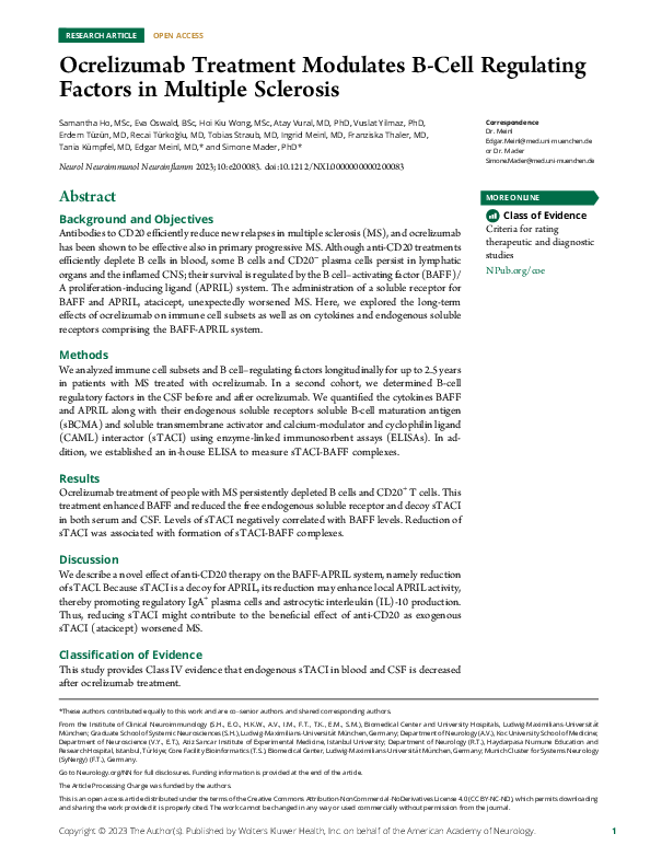 (PDF) Ocrelizumab Treatment Modulates B-Cell Regulating Factors in ...