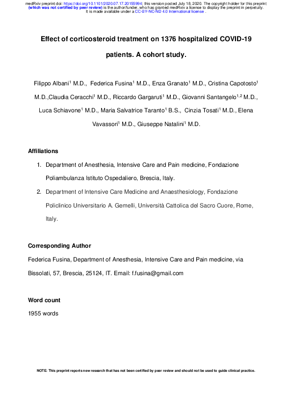 (PDF) Effect of corticosteroid treatment on 1376 hospitalized COVID-19 ...