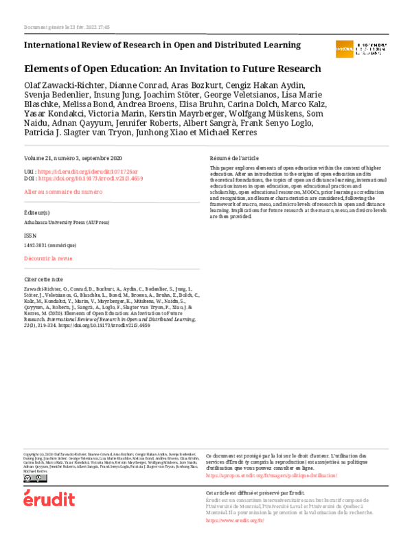 (PDF) Elements of Open Education: An Invitation to Future Research