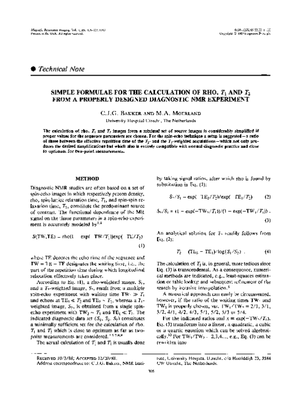 (PDF) Simple formulae for the calculation of rho, T1 and T2 from a ...