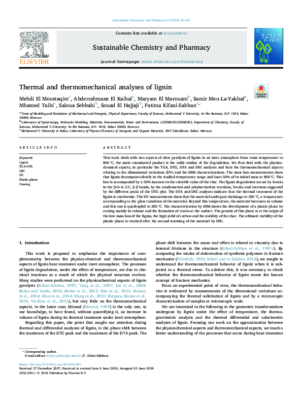 (PDF) Thermal and thermomechanical analyses of lignin