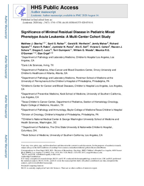 (PDF) Significance of minimal residual disease in pediatric mixed ...