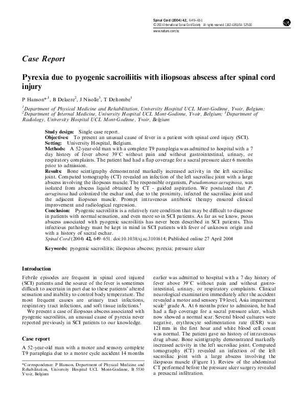 (PDF) Pyrexia due to pyogenic sacroiliitis with iliopsoas abscess after ...
