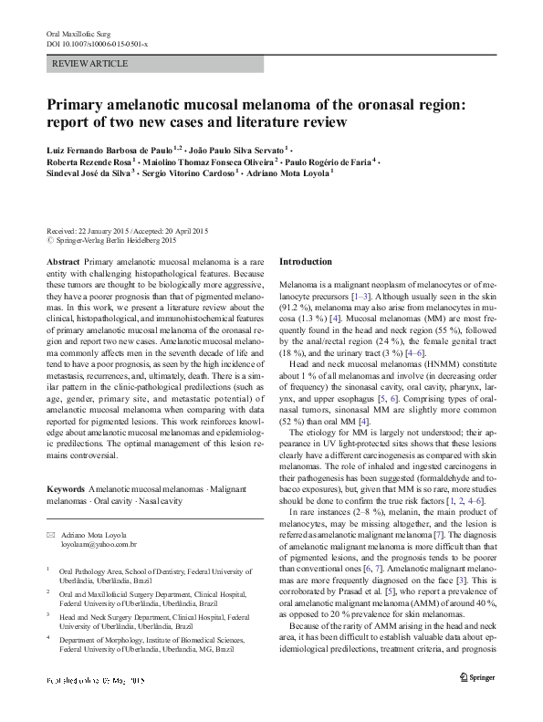(PDF) Primary amelanotic mucosal melanoma of the oronasal region ...