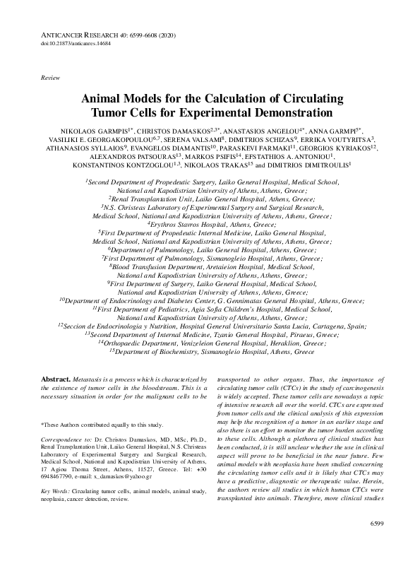 (PDF) Animal Models for the Calculation of Circulating Tumor Cells for ...