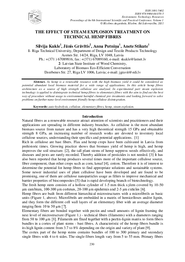 (PDF) The Effect of Steam Explosion Treatment on Technical Hemp Fibres