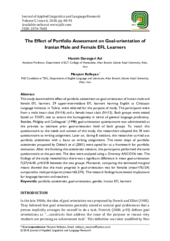 (PDF) The Effect of Portfolio Assessment on Goal-orientation of Iranian ...