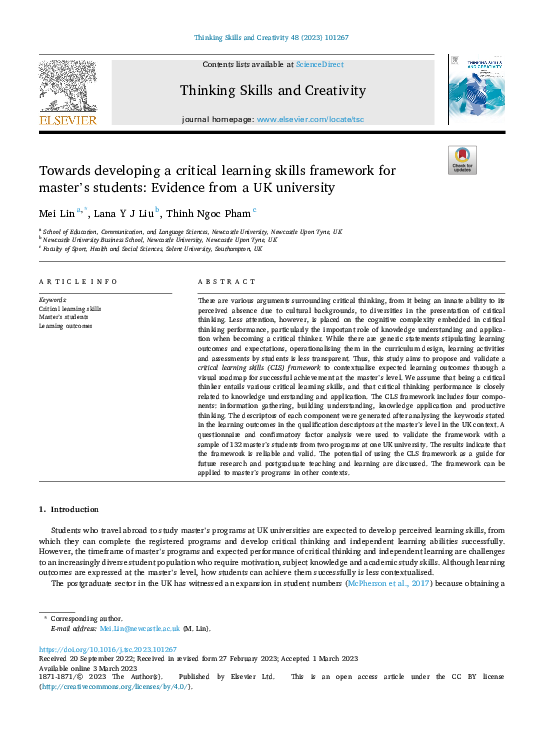 (PDF) Towards developing a critical learning skills framework for ...