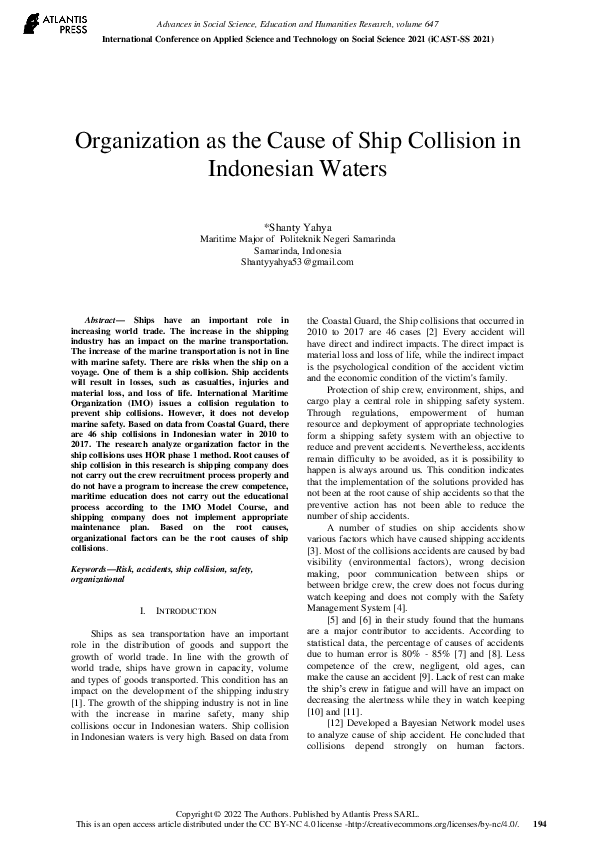 (PDF) Organization as the Cause of Ship Collision in Indonesian Waters