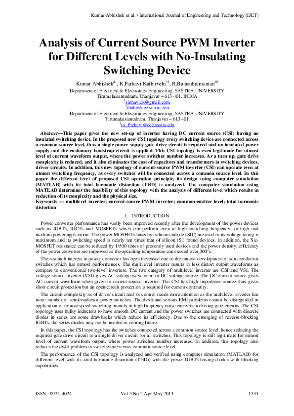 (PDF) Analysis of Current Source PWM Inverter for Different Levels with ...