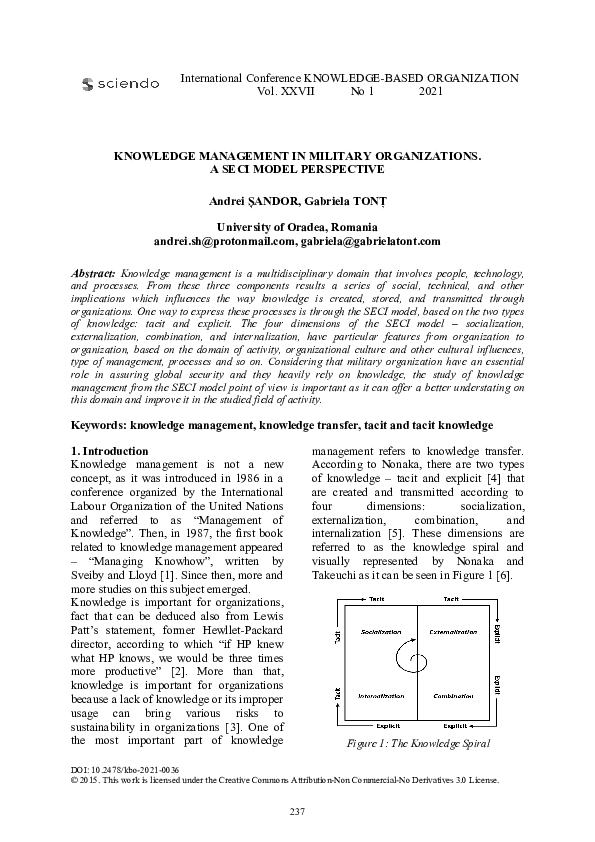 (PDF) Knowledge Management in Military Organizations. A Seci Model ...