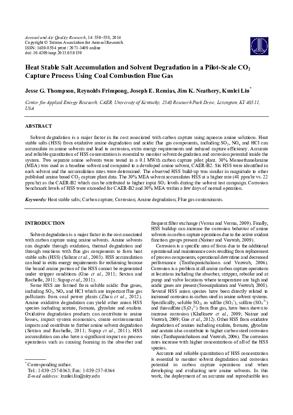 (PDF) Heat Stable Salt Accumulation and Solvent Degradation in a Pilot ...