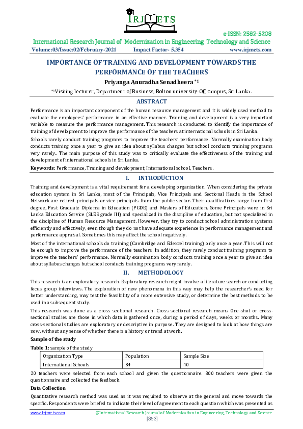 (PDF) IMPORTANCE OF TRAINING AND DEVELOPMENT TOWARDS THE PERFORMANCE OF ...