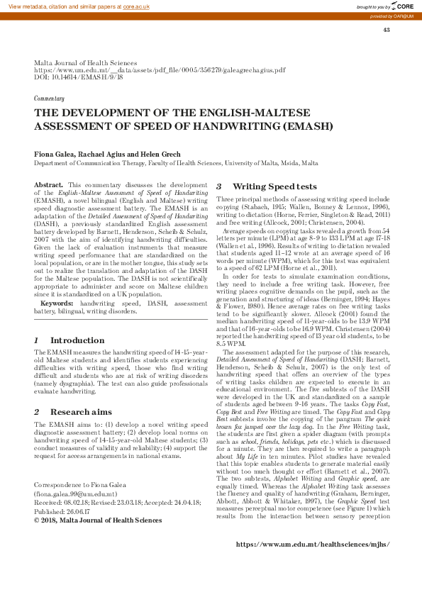 (PDF) The development of the English-Maltese assessment of speed of ...