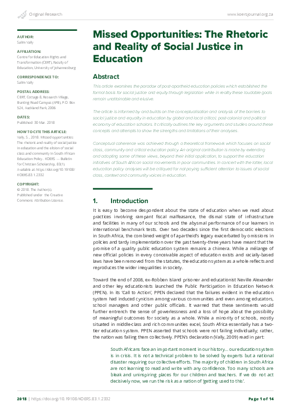 (PDF) Missed opportunities: The rhetoric and reality of social justice ...