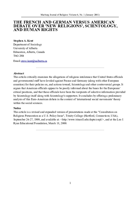 (PDF) The French and German Versus American Debate Over 'New Religions ...