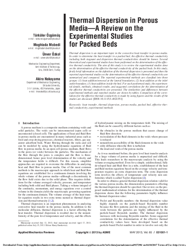 (PDF) Thermal Dispersion in Porous Media—A Review on the Experimental ...