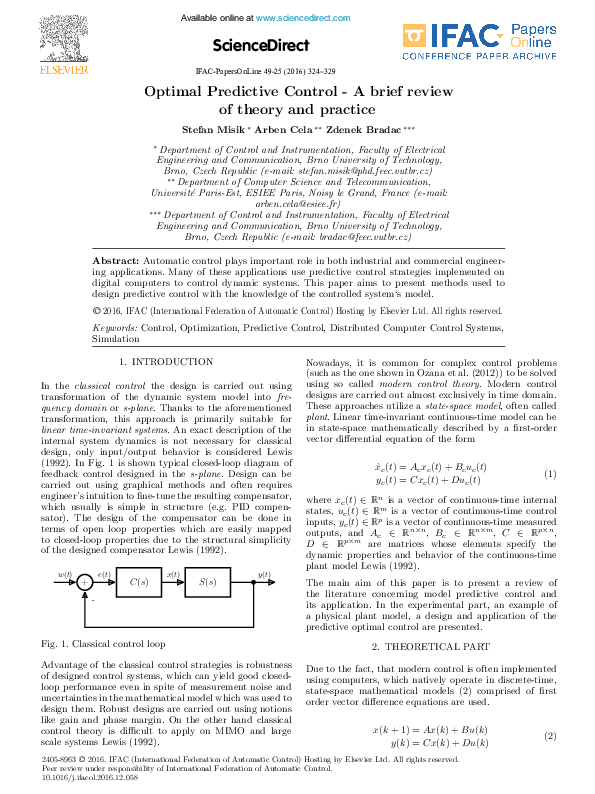 (PDF) Optimal Predictive Control - A brief review of theory and practice