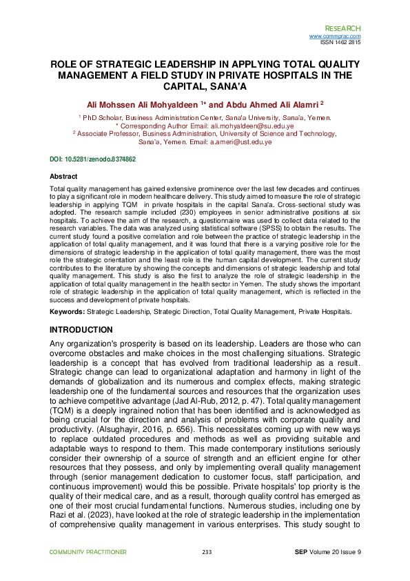 (PDF) ROLE OF STRATEGIC LEADERSHIP IN APPLYING TOTAL QUALITY MANAGEMENT ...