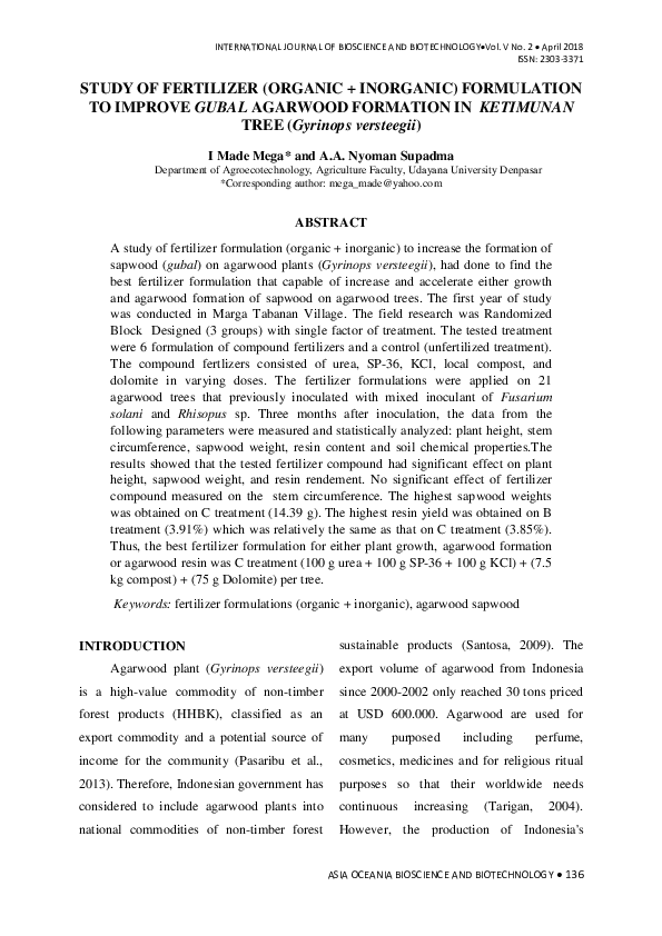 (PDF) STUDY OF FERTILIZER (ORGANIC + INORGANIC) FORMULATION TO IMPROVE ...