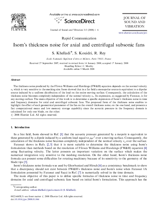 (PDF) Isom's thickness noise for axial and centrifugal subsonic fans