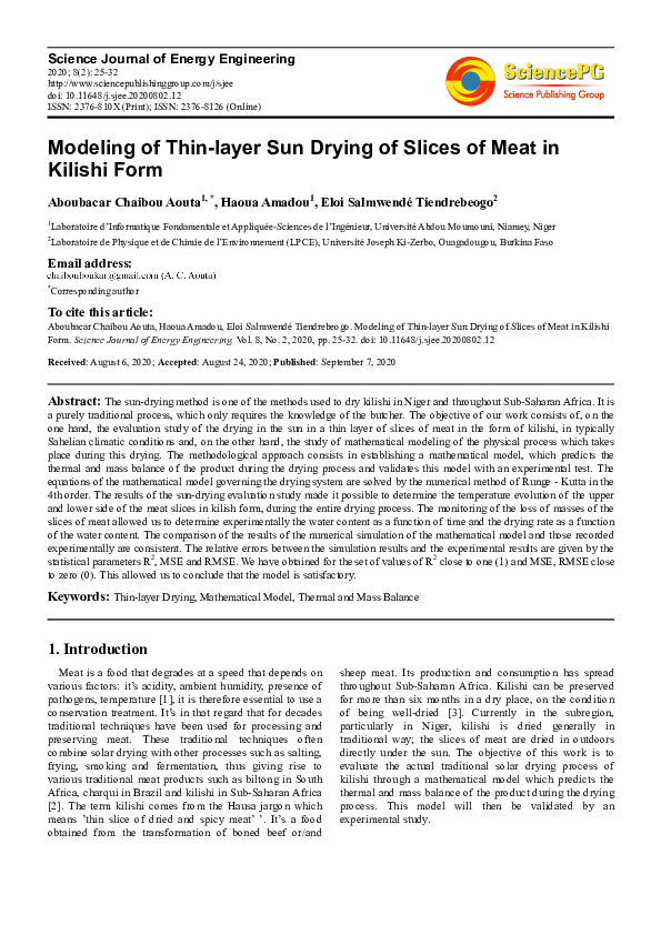 (PDF) Modeling of Thin-layer Sun Drying of Slices of Meat in Kilishi Form